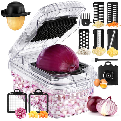 Vegetable Chopper,12-in-1 Multifunctional Food Chopper,Professional Onion Chopper with 7 Blades,Vegetable Cutter with Container for Salad,Potato,Carrot,and Garlic; Essential Kitchen Tool(Grey)
