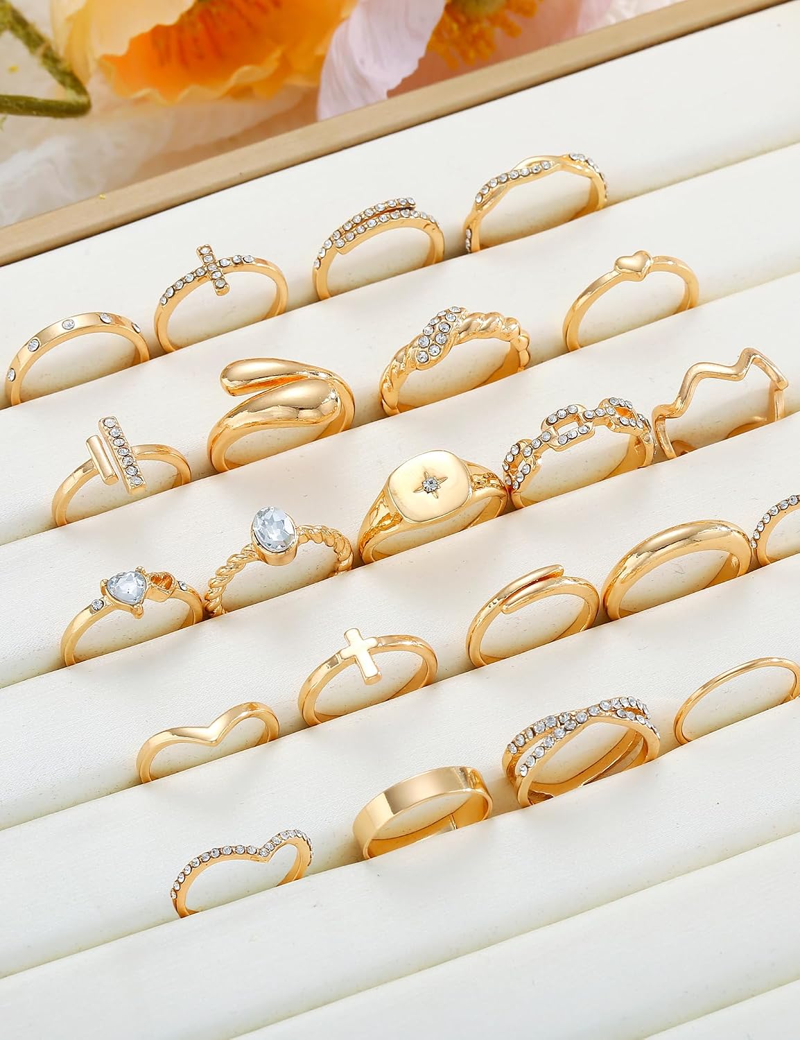 Dodder Gold Stackable Rings Set for Women, Gold Plated Chunky Crystal Finger Midi Stacking Rings, Dainty Statement Thumb Knuckle Rings Pack for Gift, Multiple Sizes Jewelry