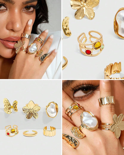 YEEZII 20 Pcs Gold Ring Set for Women, Chunky Statement Flower Finger Midi Rings, Big Boho Stacking Rings Pack Trendy Stuff Jewelry Gift