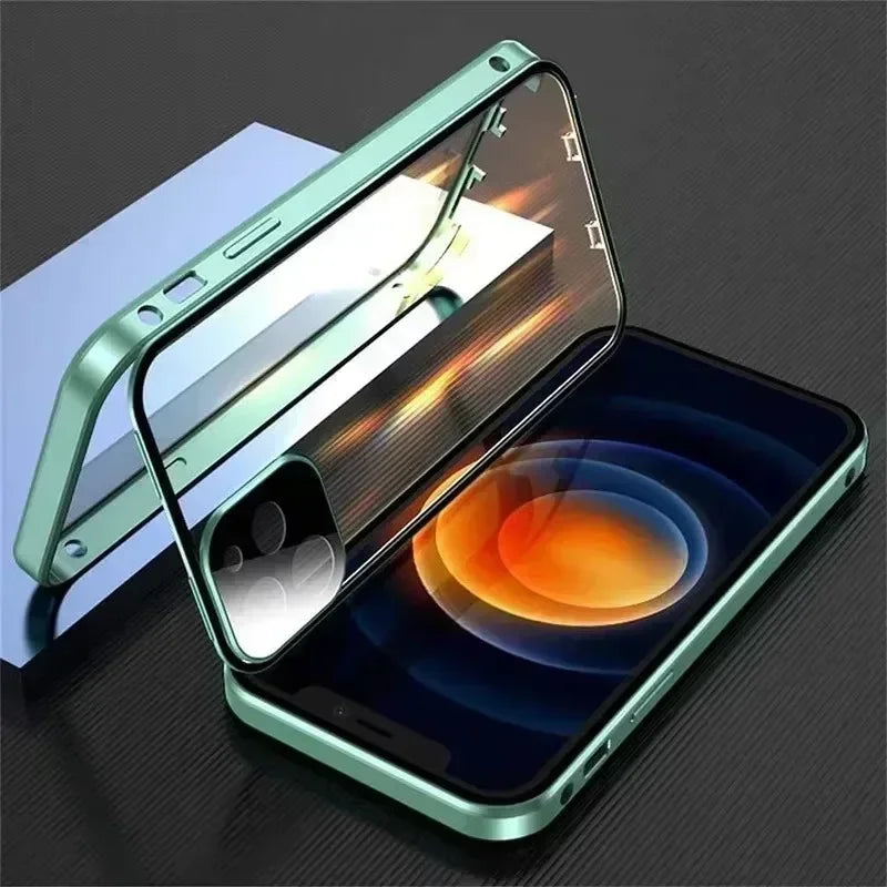 Metal Magnetic Double-Sided Buckle Glass Case For iPhone 16 15 14 13 12 Pro Max Plus 360° Full Cover Protection Shockproof Cover