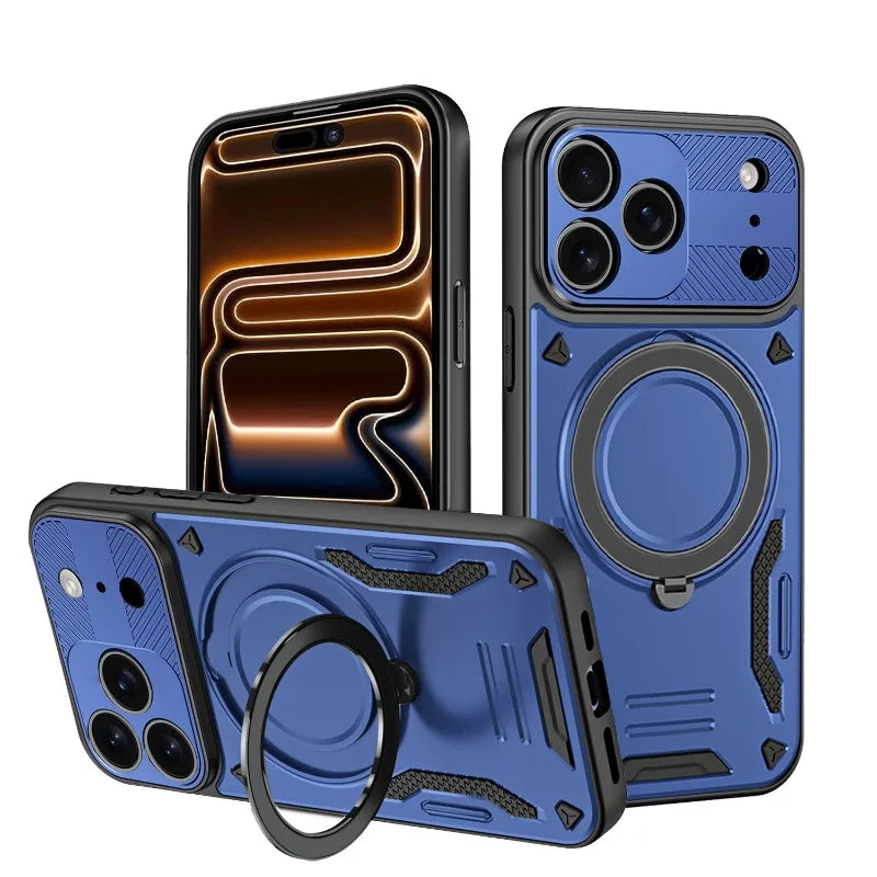 For Magsafe Magnetic Wireless Charging 360°Rotating Metal Stand Armored Phone Case For iPhone 16 15 11 12 13 14 17 Pro Max Cover