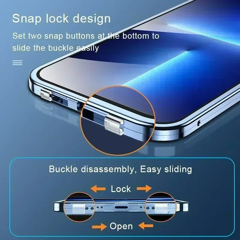 Metal Magnetic Double-Sided Buckle Glass Case For iPhone 16 15 14 13 12 Pro Max Plus 360° Full Cover Protection Shockproof Cover