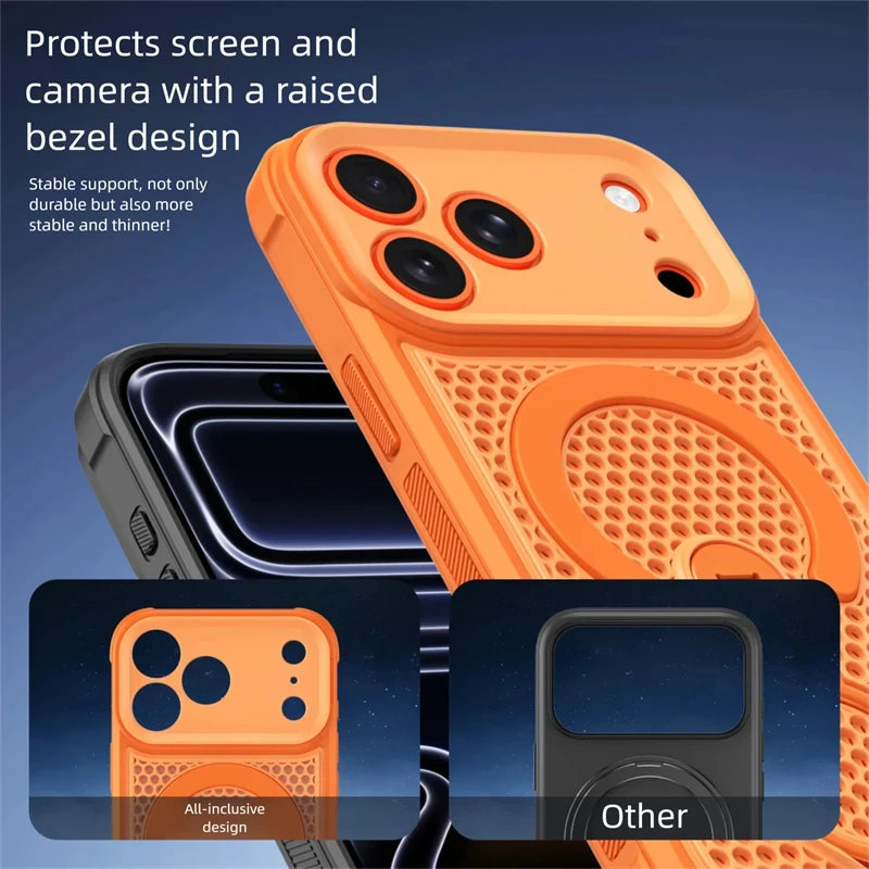 360° Rotating Ring Holder Magnetic Mesh Heat Dissipation Case for iPhone 16 15 14 13 12 11 17 Pro Max Air Plus For Magsafe Cover