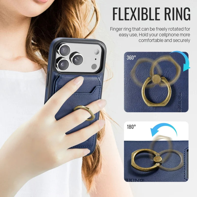 Ring Leather For Magsafe Wallet Phone Case for iPhone 17 Pro Max 17E 16 16E 15 Plus 14 13 12 Card Slots Holder Cover Hoesje Etui