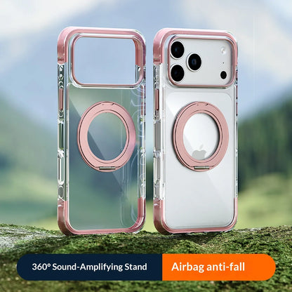 Real Airbag Anti-knock for Magsafe Case for iPhone 17 15 16 Pro Max 17Pro Transparent Back Metal Rotating Bracket Stand Cover