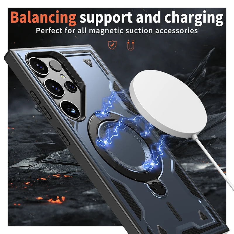 For Magsafe Magnetic 360°Rotat Metal Car Bracket Armor Phone Case For Samsung S26 Ultra S26 Plus S26 Hard PC+Soft TPU Back Cover