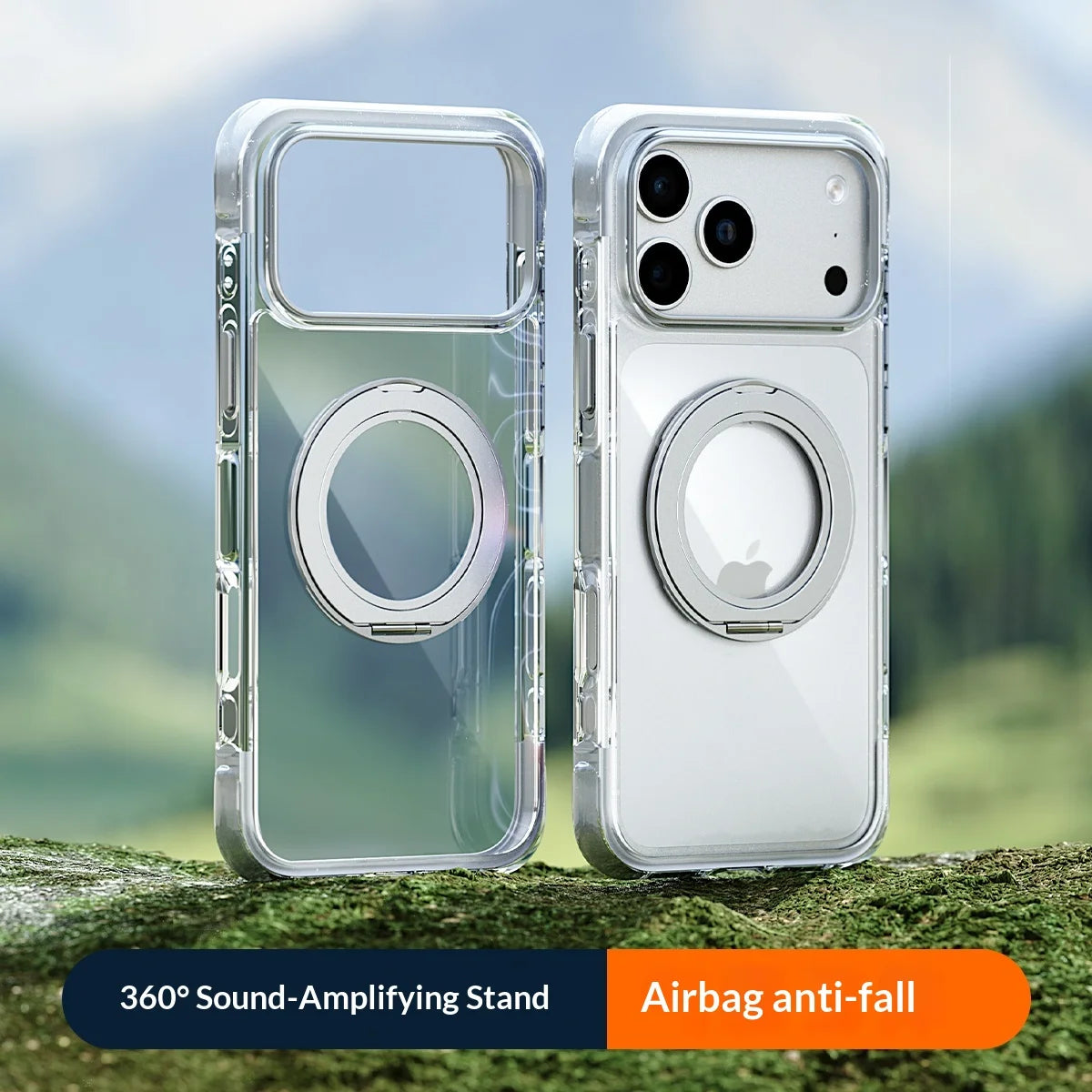 Real Airbag Anti-knock for Magsafe Case for iPhone 17 15 16 Pro Max 17Pro Transparent Back Metal Rotating Bracket Stand Cover