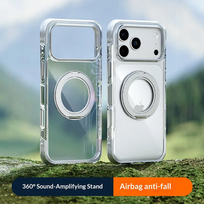 Real Airbag Anti-knock for Magsafe Case for iPhone 17 15 16 Pro Max 17Pro Transparent Back Metal Rotating Bracket Stand Cover