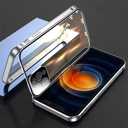Metal Magnetic Double-Sided Buckle Glass Case For iPhone 16 15 14 13 12 Pro Max Plus 360° Full Cover Protection Shockproof Cover