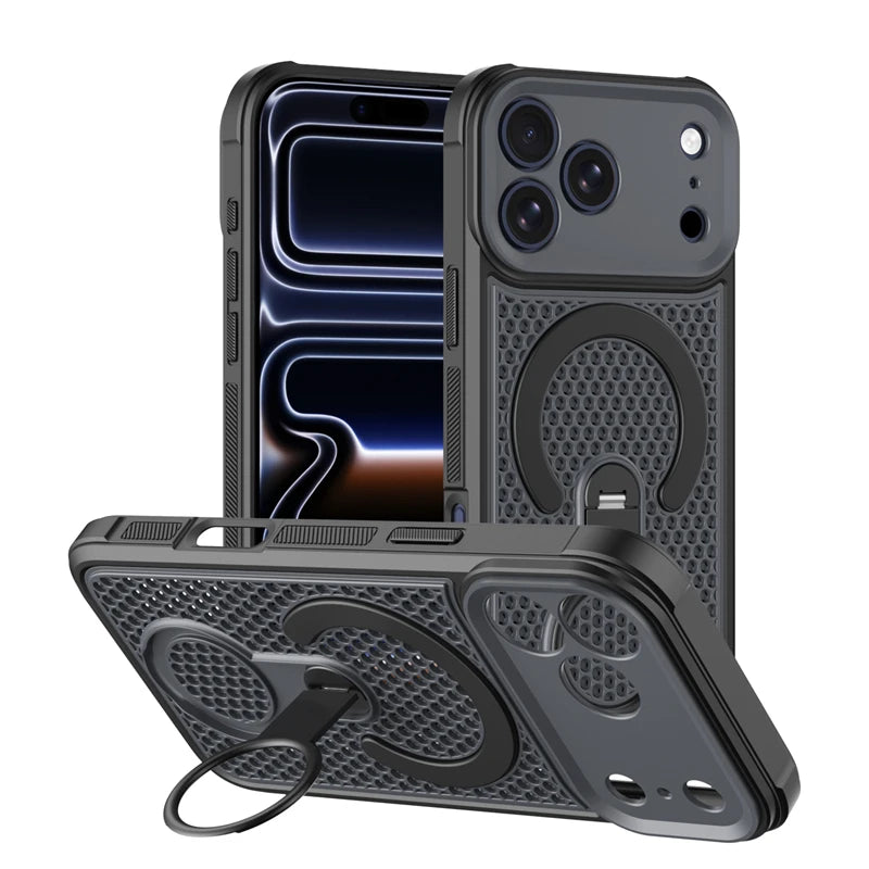 360° Rotating Ring Holder Magnetic Mesh Heat Dissipation Case for iPhone 16 15 14 13 12 11 17 Pro Max Air Plus For Magsafe Cover