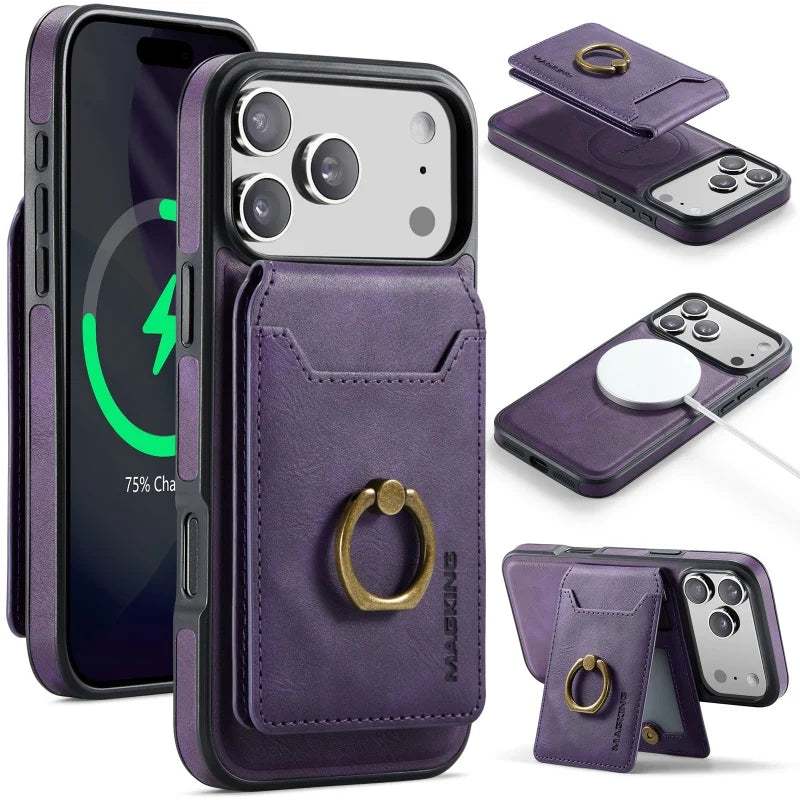 Ring Leather For Magsafe Wallet Phone Case for iPhone 17 Pro Max 17E 16 16E 15 Plus 14 13 12 Card Slots Holder Cover Hoesje Etui