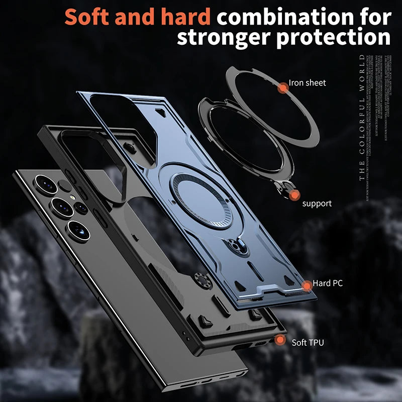 For Magsafe Magnetic 360°Rotat Metal Car Bracket Armor Phone Case For Samsung S26 Ultra S26 Plus S26 Hard PC+Soft TPU Back Cover
