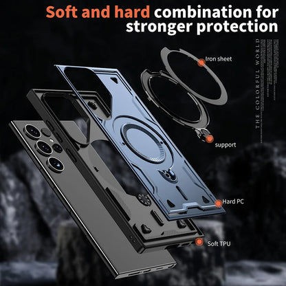 For Magsafe Magnetic 360°Rotat Metal Car Bracket Armor Phone Case For Samsung S26 Ultra S26 Plus S26 Hard PC+Soft TPU Back Cover