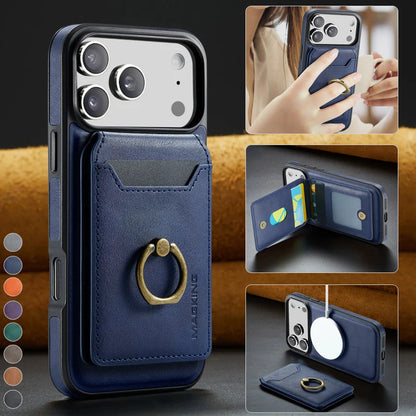 Ring Leather For Magsafe Wallet Phone Case for iPhone 17 Pro Max 17E 16 16E 15 Plus 14 13 12 Card Slots Holder Cover Hoesje Etui