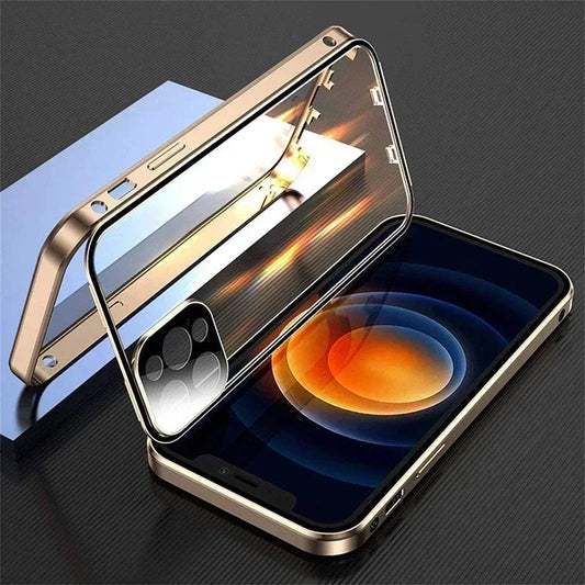 Metal Magnetic Double-Sided Buckle Glass Case For iPhone 16 15 14 13 12 Pro Max Plus 360° Full Cover Protection Shockproof Cover
