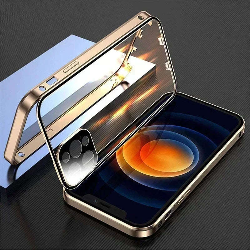 Metal Magnetic Double-Sided Buckle Glass Case For iPhone 16 15 14 13 12 Pro Max Plus 360° Full Cover Protection Shockproof Cover