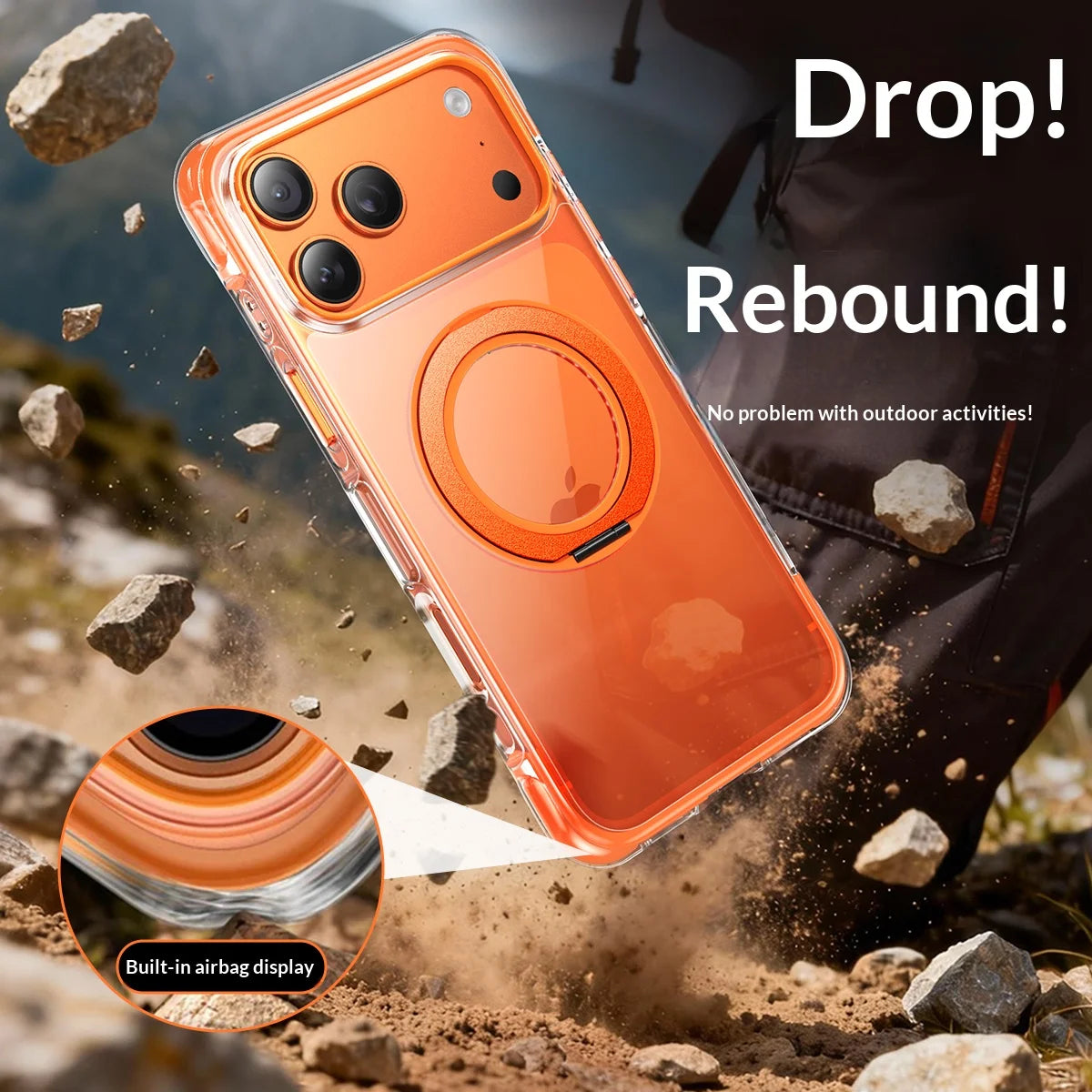 Real Airbag Anti-knock for Magsafe Case for iPhone 17 15 16 Pro Max 17Pro Transparent Back Metal Rotating Bracket Stand Cover