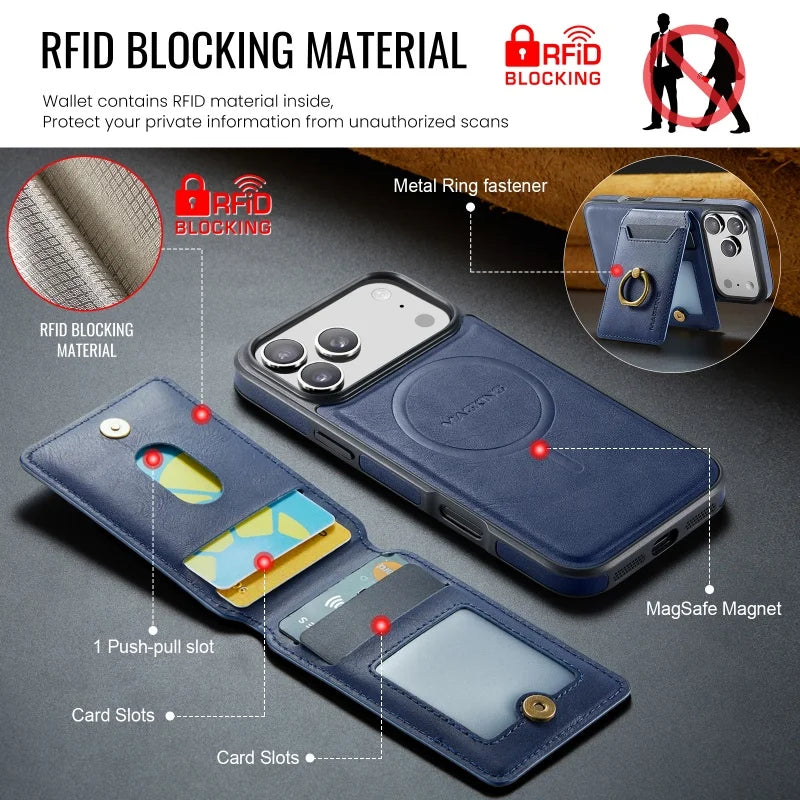 Ring Leather For Magsafe Wallet Phone Case for iPhone 17 Pro Max 17E 16 16E 15 Plus 14 13 12 Card Slots Holder Cover Hoesje Etui