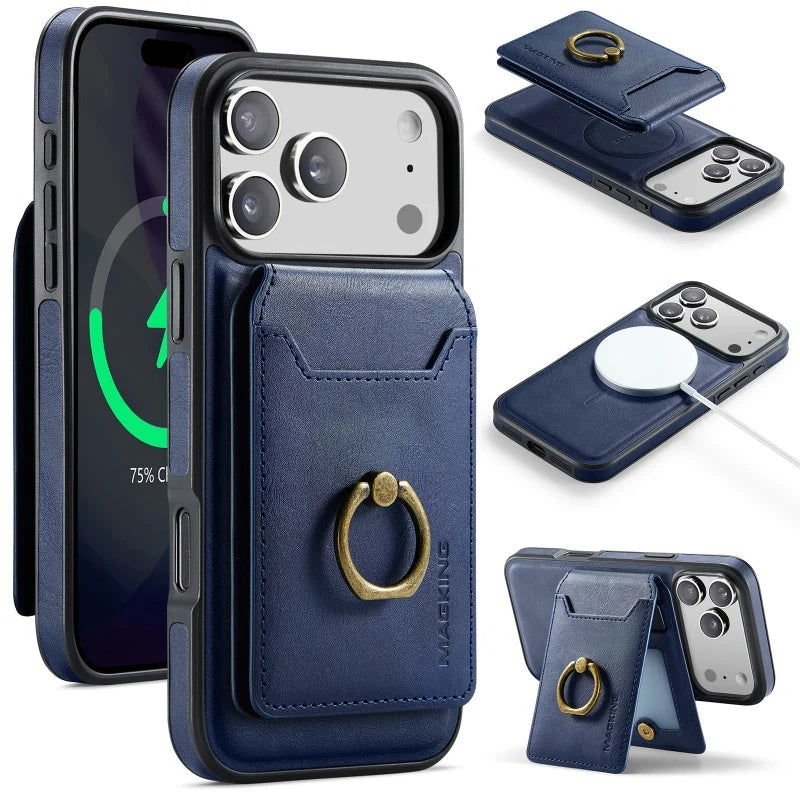 Ring Leather For Magsafe Wallet Phone Case for iPhone 17 Pro Max 17E 16 16E 15 Plus 14 13 12 Card Slots Holder Cover Hoesje Etui