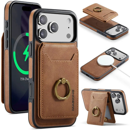 Ring Leather For Magsafe Wallet Phone Case for iPhone 17 Pro Max 17E 16 16E 15 Plus 14 13 12 Card Slots Holder Cover Hoesje Etui