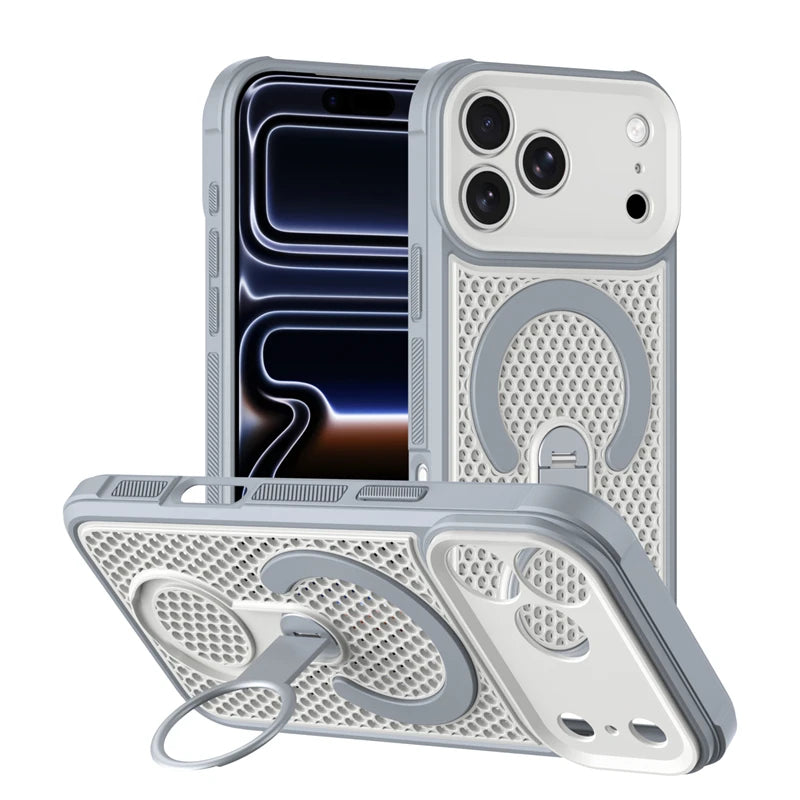360° Rotating Ring Holder Magnetic Mesh Heat Dissipation Case for iPhone 16 15 14 13 12 11 17 Pro Max Air Plus For Magsafe Cover
