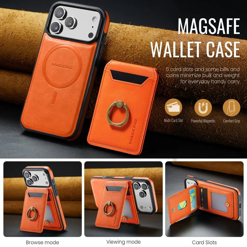 Ring Leather For Magsafe Wallet Phone Case for iPhone 17 Pro Max 17E 16 16E 15 Plus 14 13 12 Card Slots Holder Cover Hoesje Etui