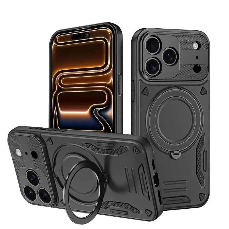 For Magsafe Magnetic Wireless Charging 360°Rotating Metal Stand Armored Phone Case For iPhone 16 15 11 12 13 14 17 Pro Max Cover