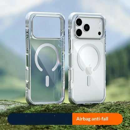 Real Airbag Anti-knock for Magsafe Case for iPhone 17 15 16 Pro Max 17Pro Transparent Back Metal Rotating Bracket Stand Cover