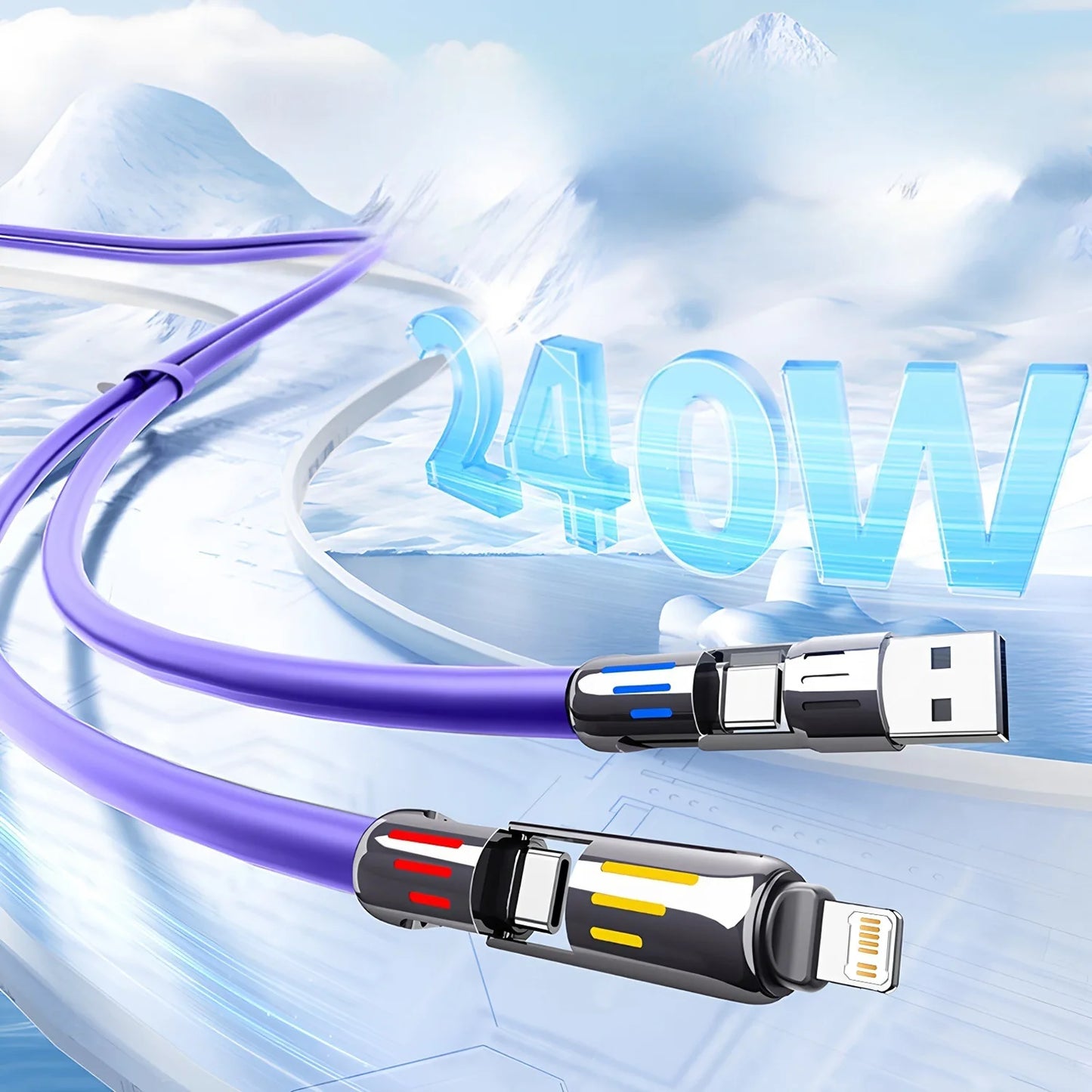 4-in-1 240W USB Type C Silicone Fast Charging Cable, For iPhone Huawei Samsung Xiaomi Durable Type-C To USB A Cable