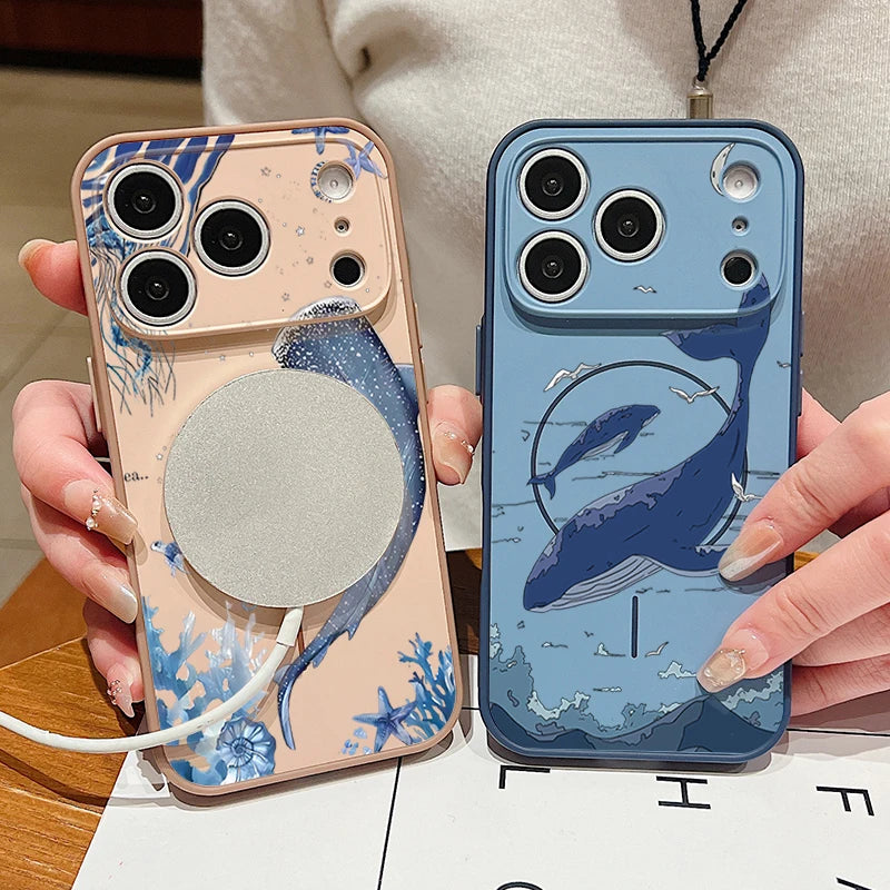 Whale Patterned Magnetic Case For iPhone 17 16 15 14 13 Pro Max For Magsafe Wireless Charge Shockproof Lens Protect Phone Cover