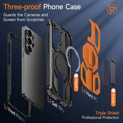 Armor Case For Samsung Galaxy S26 S25 S24 Ultra Plus 25 FE S24FE Coque For Magsafe Wireless Charging Magnetic Metal Stand Cover